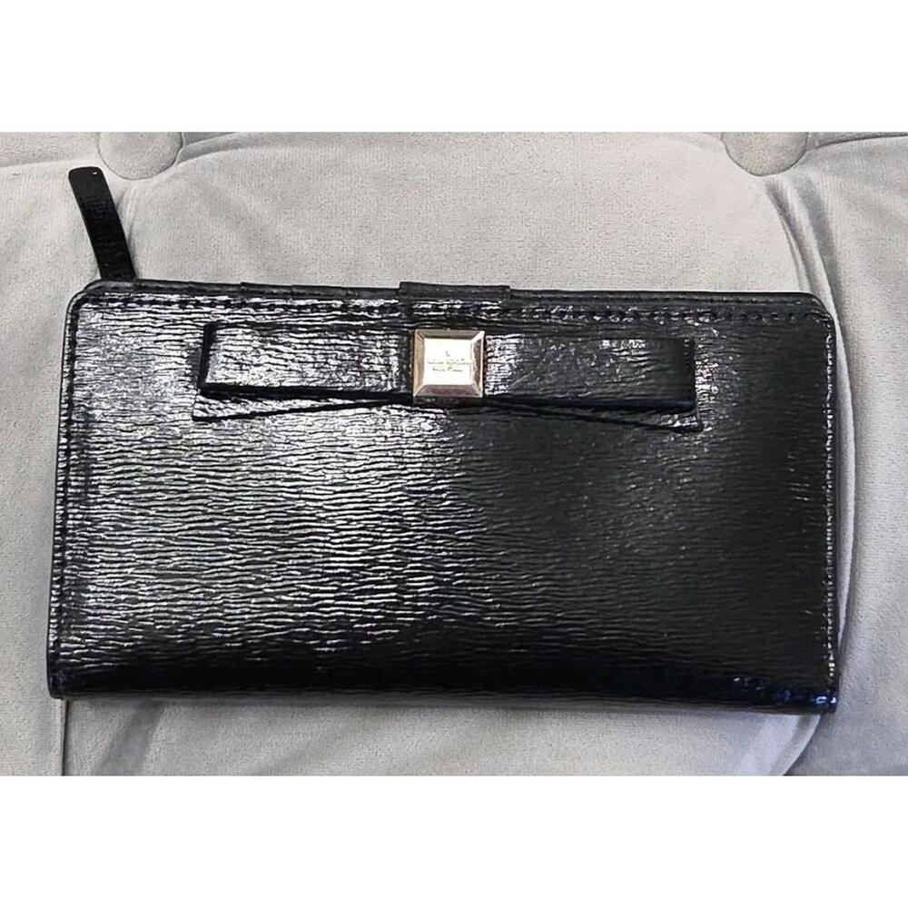 Kate Spade Black Bow Leather Wallet Snap Credit Card ID Holder Pockets Zip Up